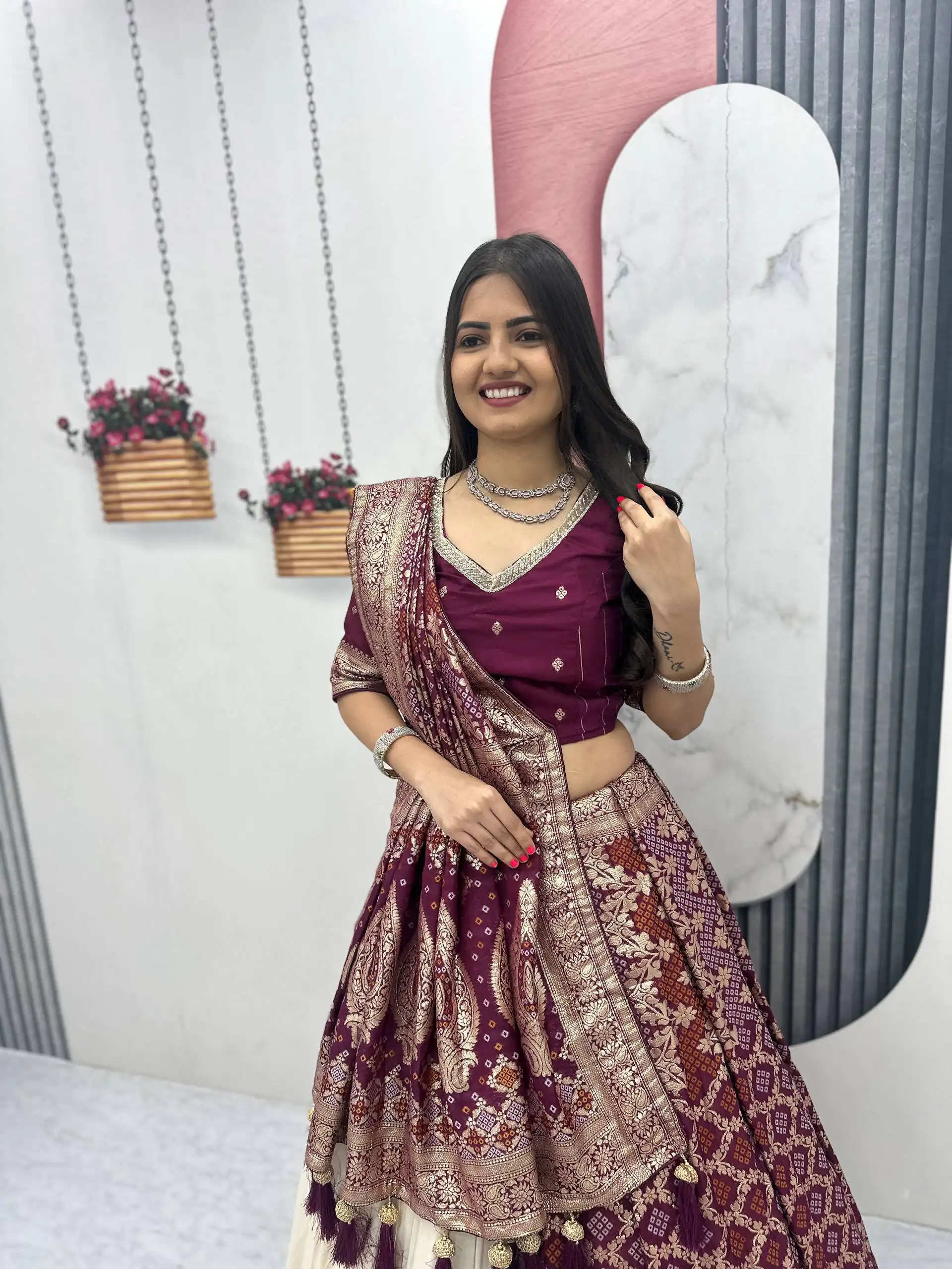 Fancy Wine Jacquard Silk Moti Work Lehenga Choli - Image 8