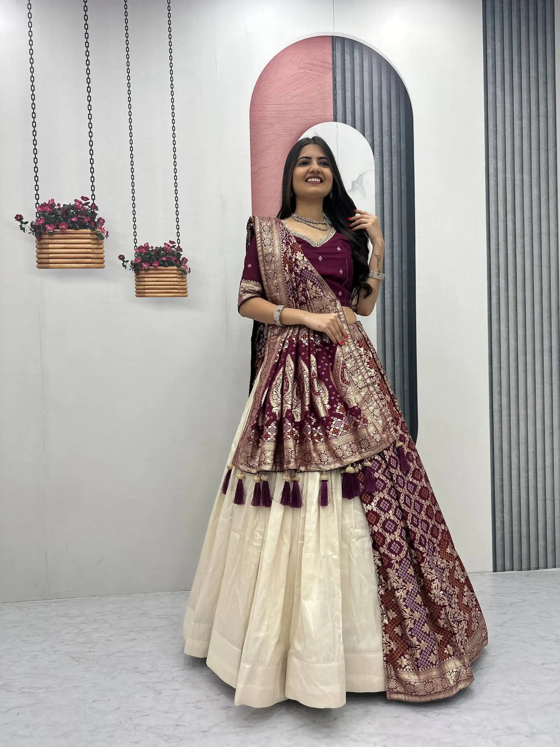 Fancy Wine Jacquard Silk Moti Work Lehenga Choli - Image 3