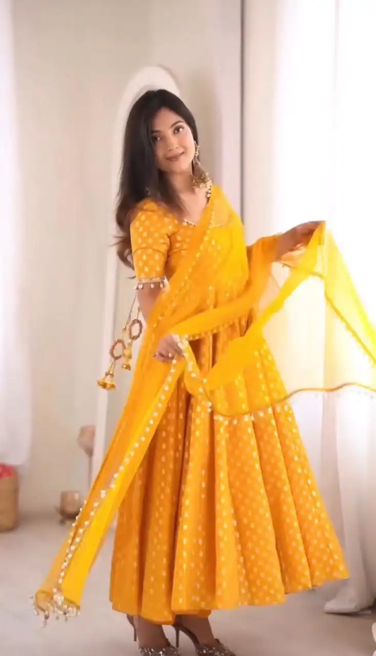 Fancy Yellow Chanderi Jacquard Butti Mirror Work Anarkali Suit - Image 6