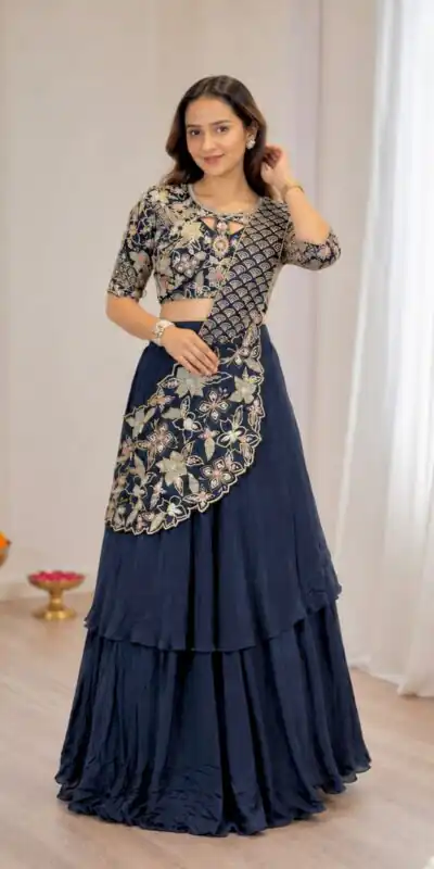 Alternative view of Lovely Nay Blue French Crape Embroidery Work Saree