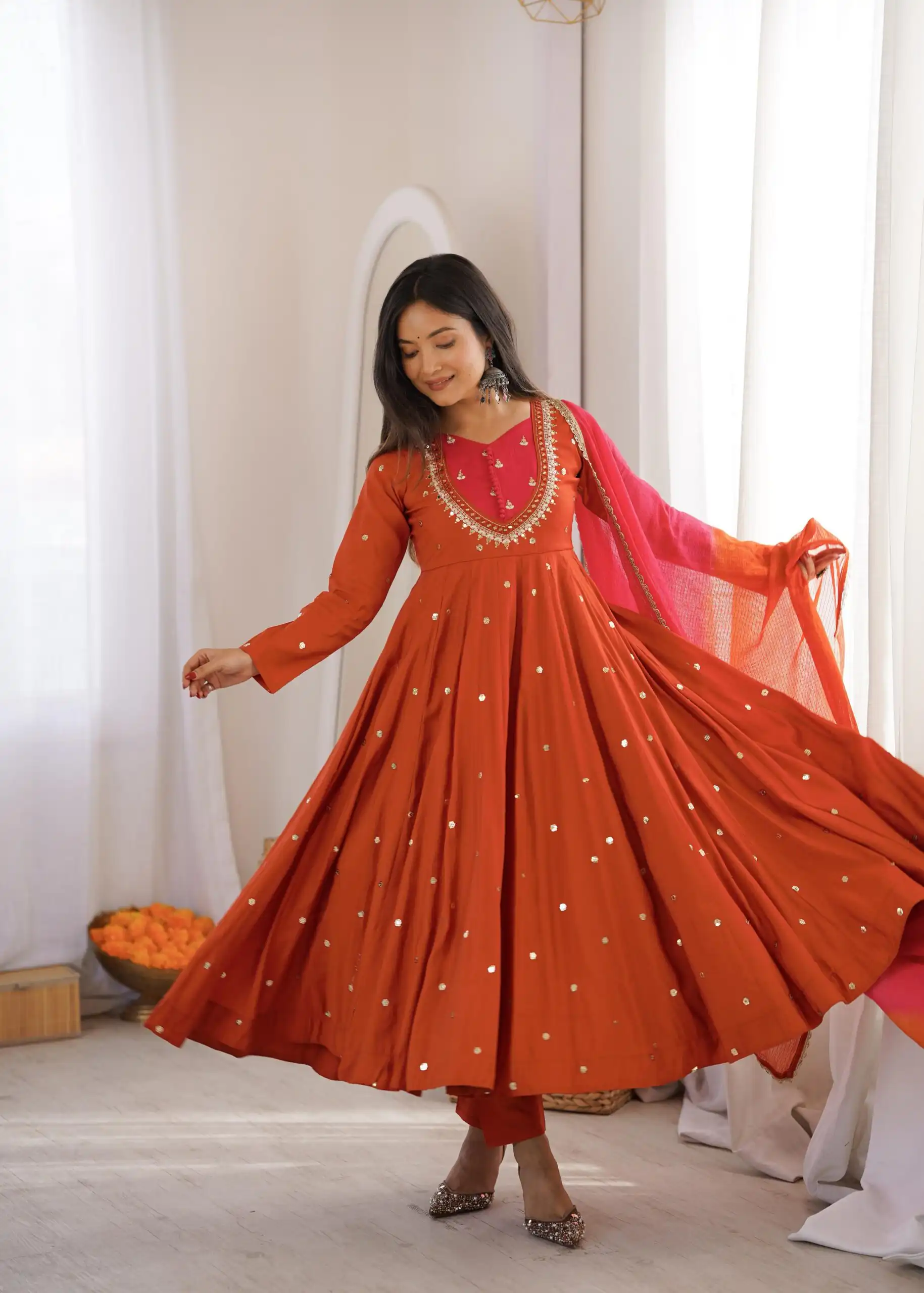 Lovely Rust Roman Silk Mirror Embroidery Work Gown - Image 2