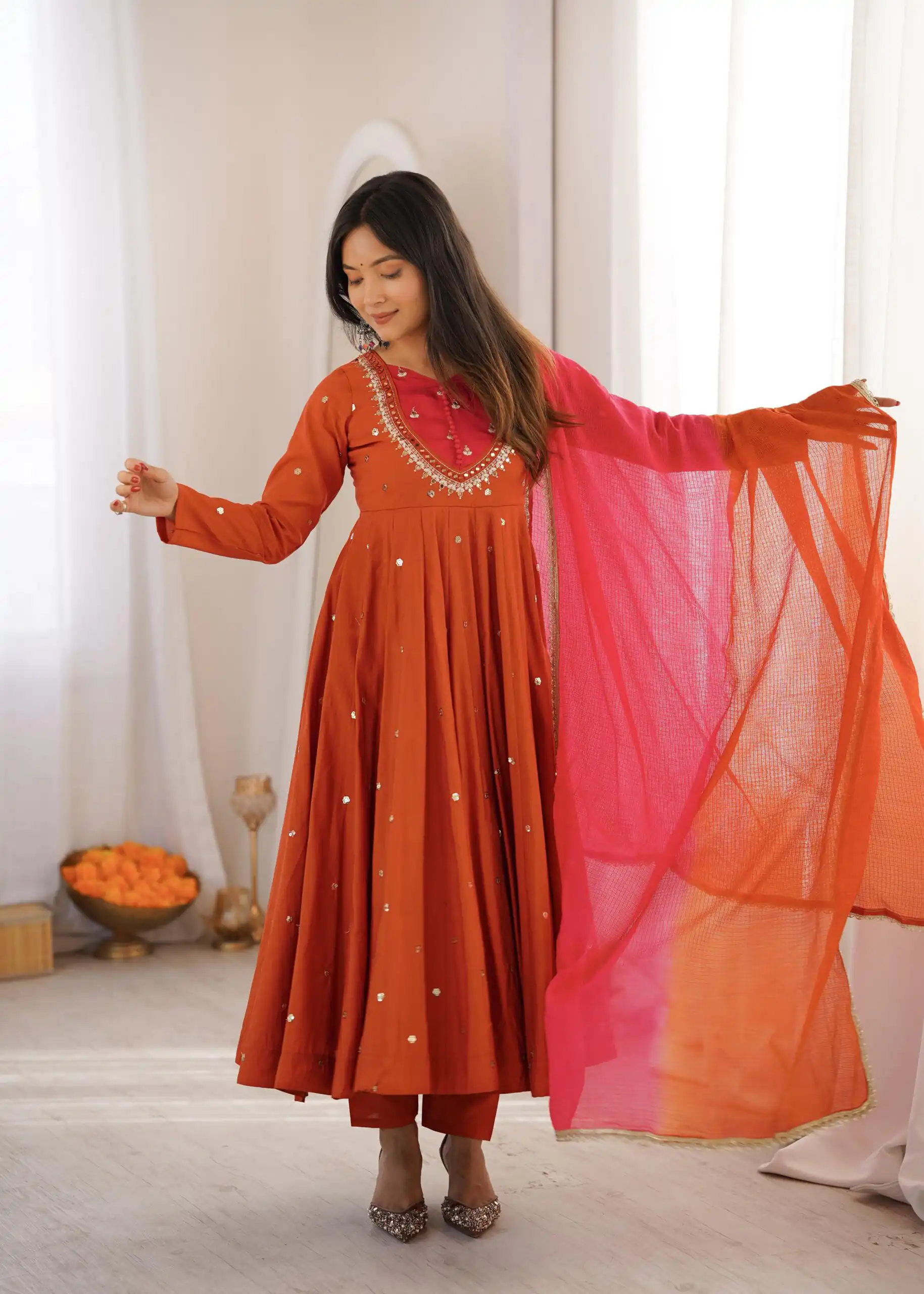 Lovely Rust Roman Silk Mirror Embroidery Work Gown