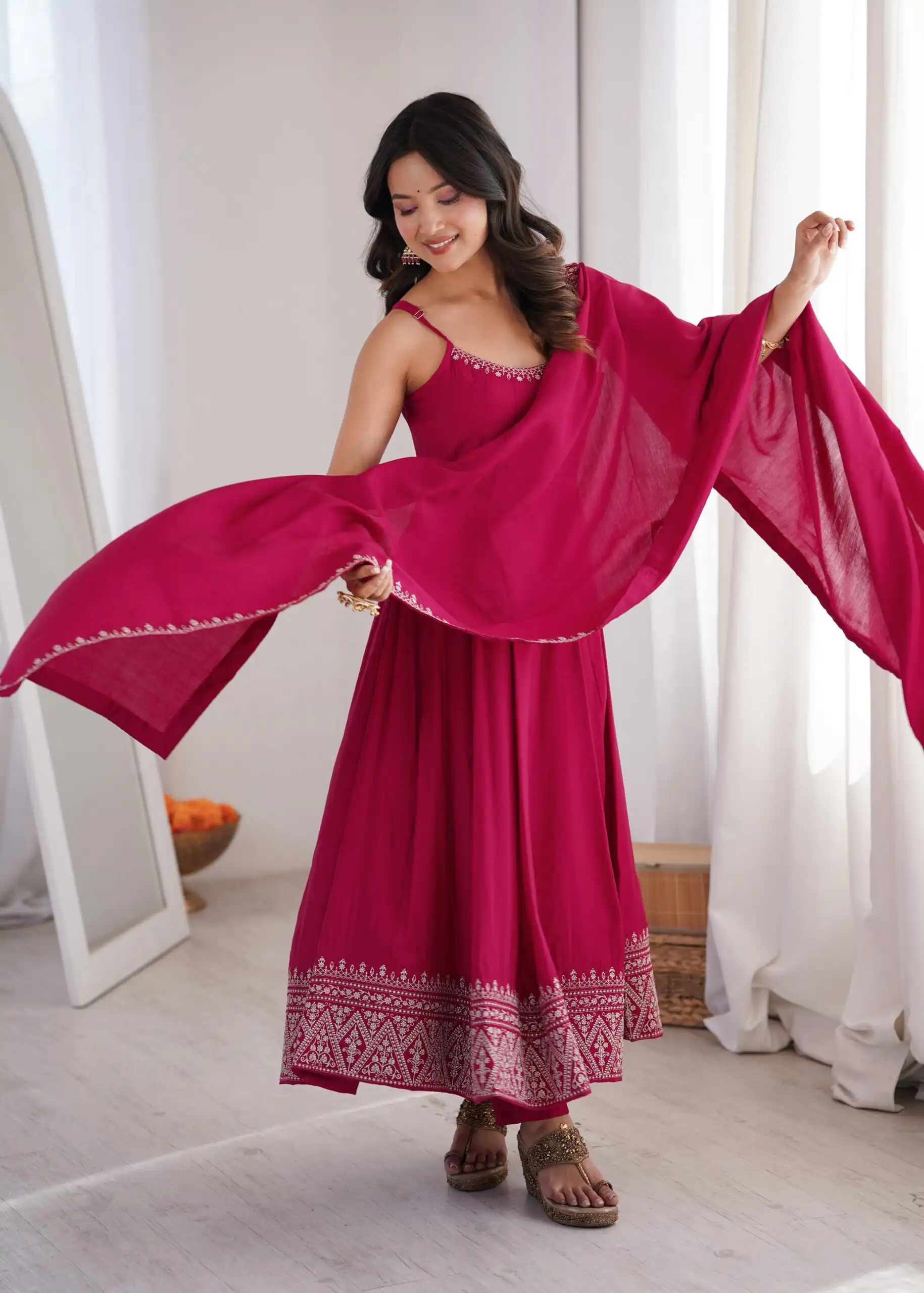 Nice Pink Roman Silk Chanderi Embroider Work Anarkali Suit - Image 3