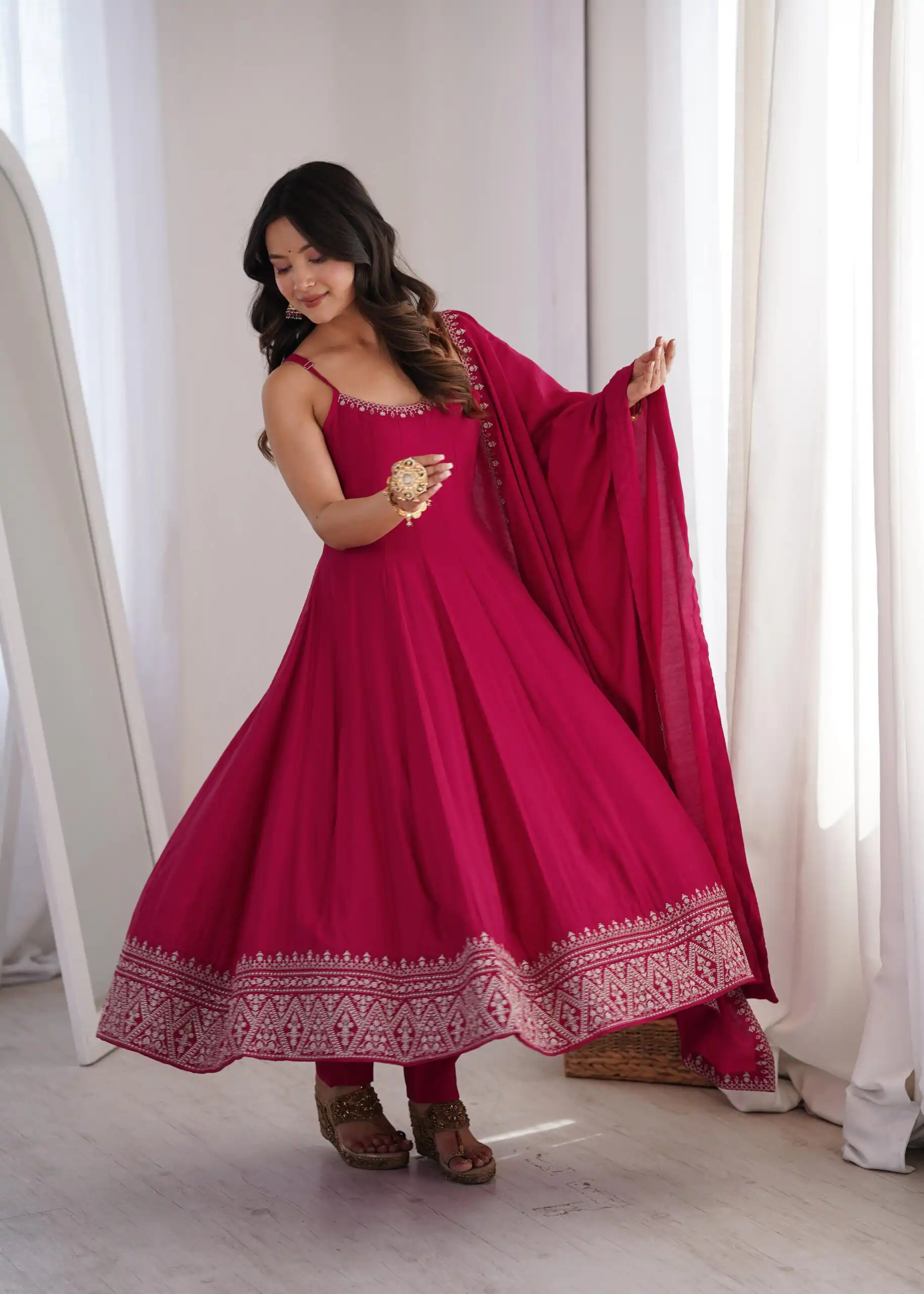 Nice Pink Roman Silk Chanderi Embroider Work Anarkali Suit - Image 2