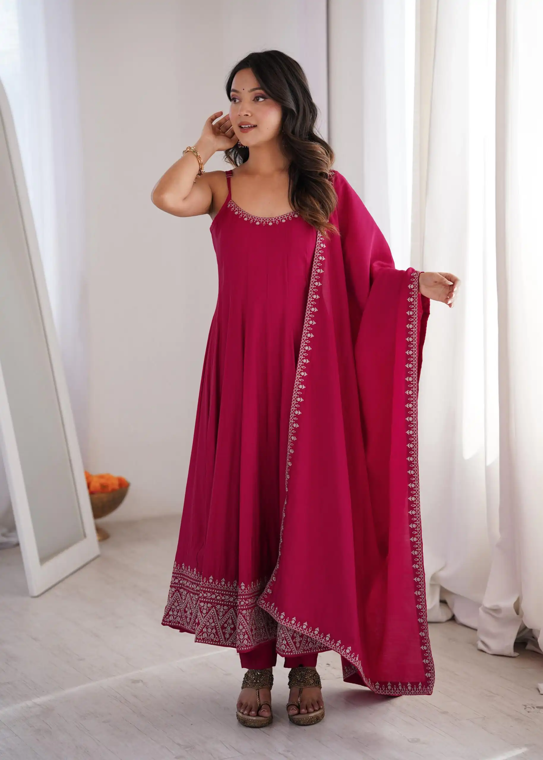 Nice Pink Roman Silk Chanderi Embroider Work Anarkali Suit - Image 5