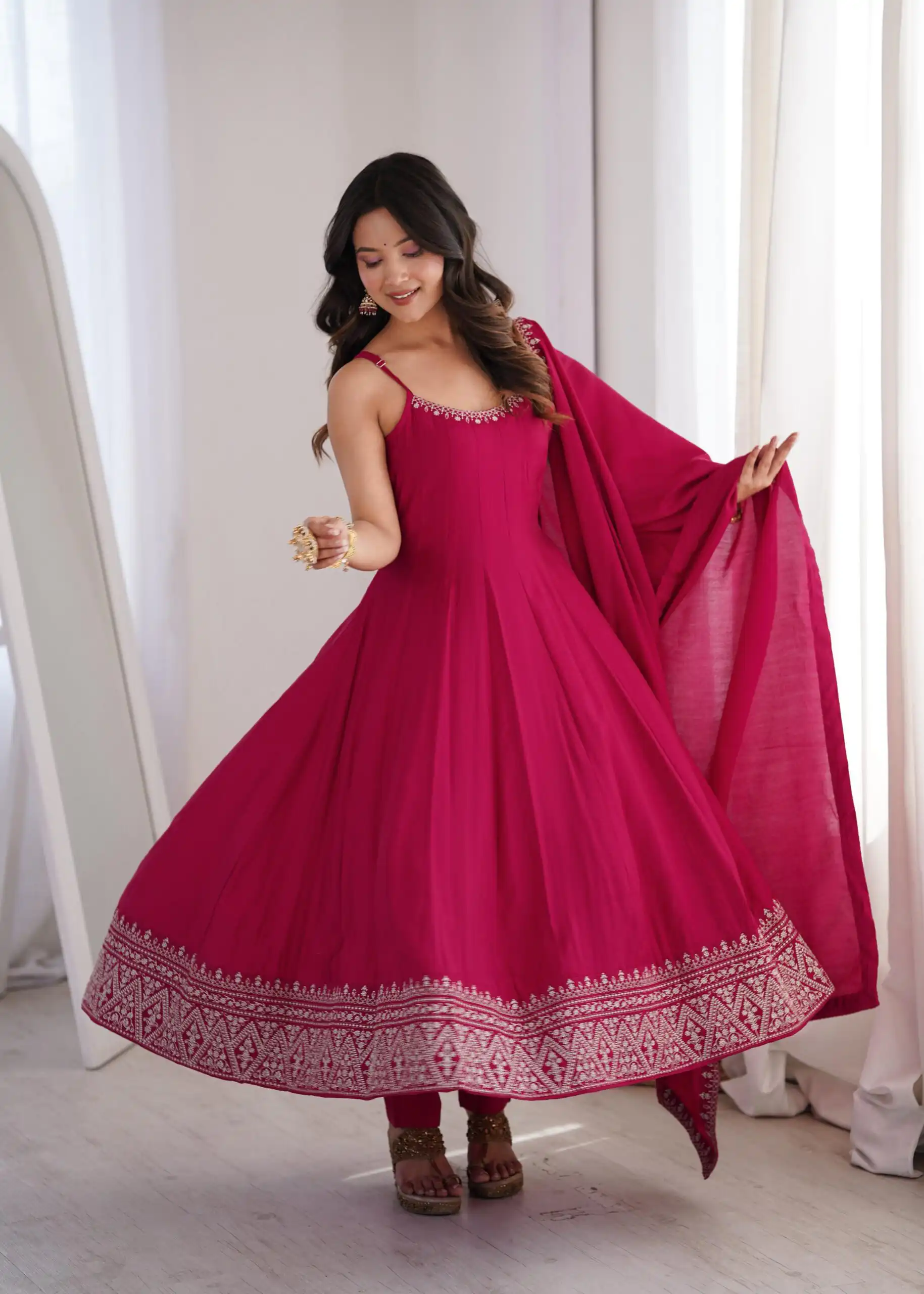 Nice Pink Roman Silk Chanderi Embroider Work Anarkali Suit