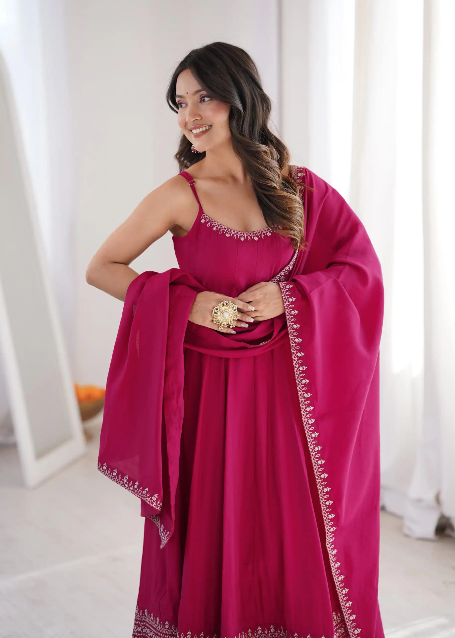 Nice Pink Roman Silk Chanderi Embroider Work Anarkali Suit - Image 8