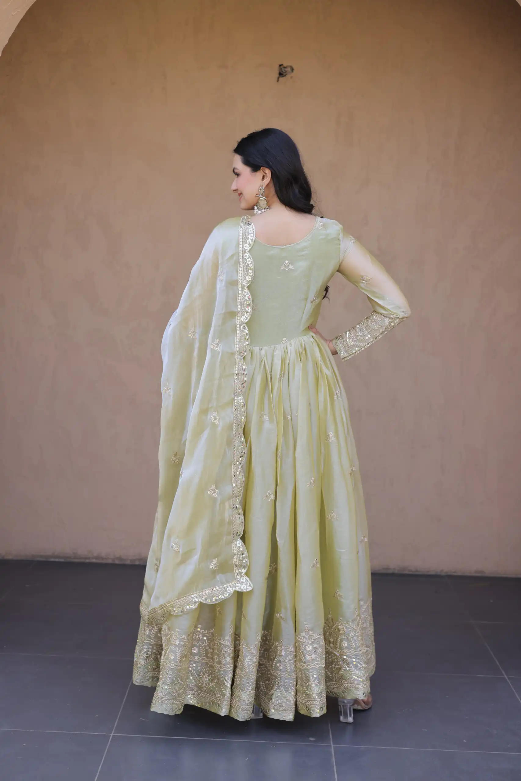 Perfect Light Pista Fendi Silk Embroidery Zari Work Gown - Image 5