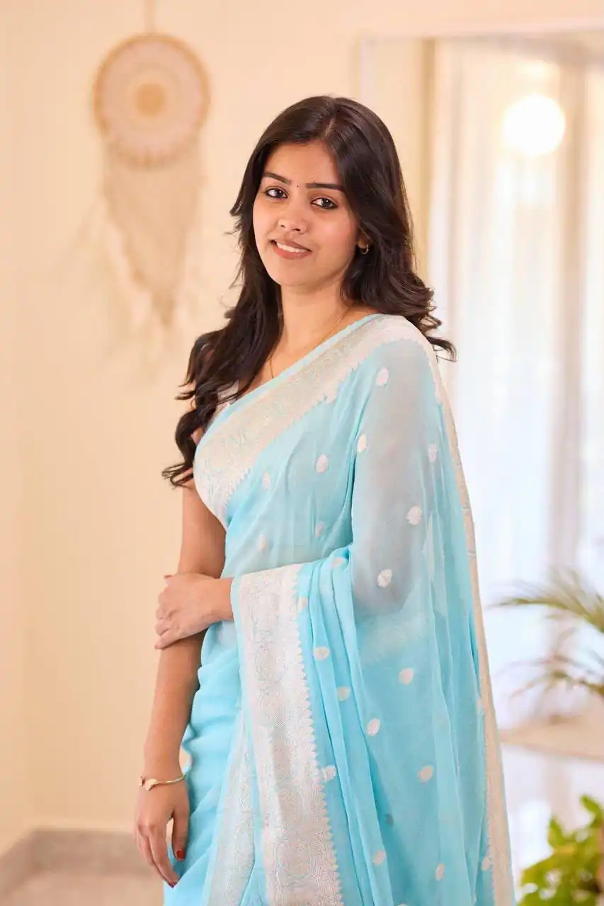 Perfect Sky Blue Soft Lilan Slab Jacquard Work Saree - Image 3