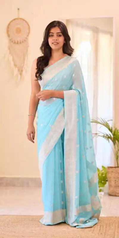 Alternative view of Perfect Sky Blue Soft Lilan Slab Jacquard Work Saree