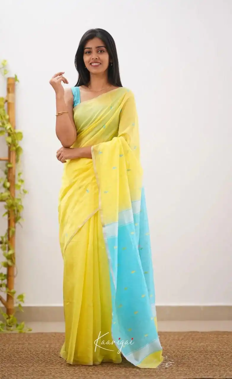 Perfect Yellow Soft Lilan Slab Weaving Work Saree - Image 3