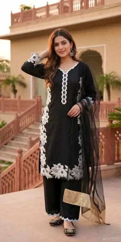 Pretty Black Natural Silk Embroidery Work Salwar Suit