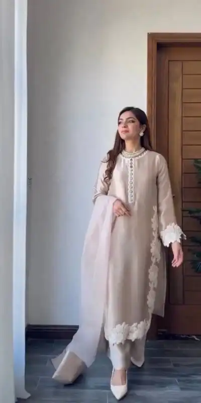 Alternative view of Pretty Cream Natural Silk Embroidery Work Salwar Suit