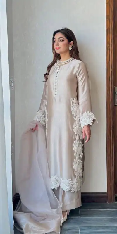 Pretty Cream Natural Silk Embroidery Work Salwar Suit