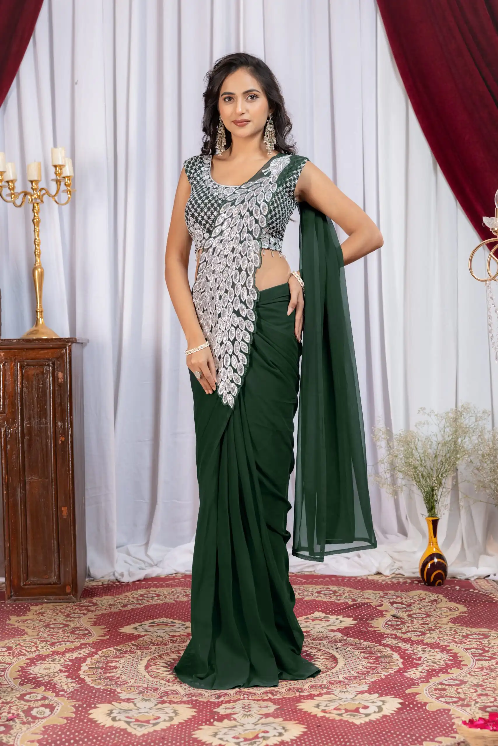 Pretty Green Faux Georgette Embroider Work Saree