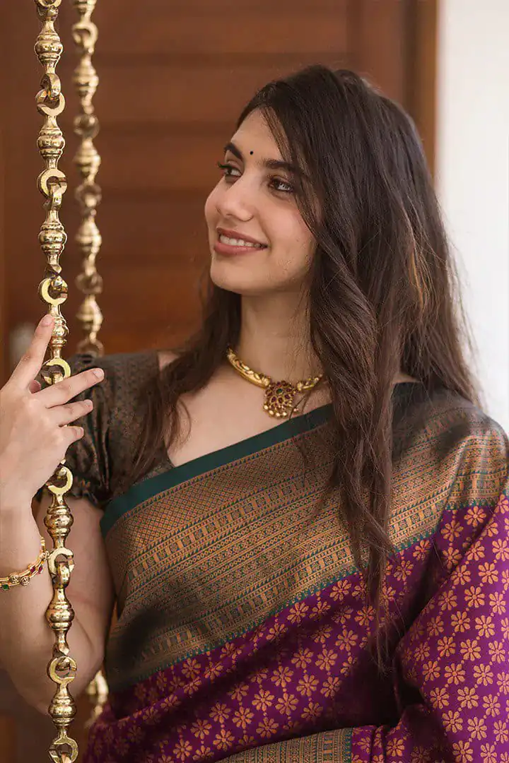 Pretty Maroon Lichi Silk Jacquard Work Saree - Image 7