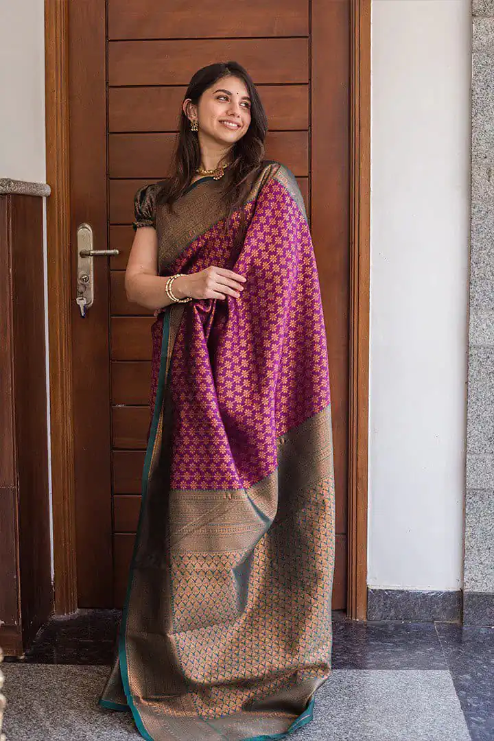 Pretty Maroon Lichi Silk Jacquard Work Saree