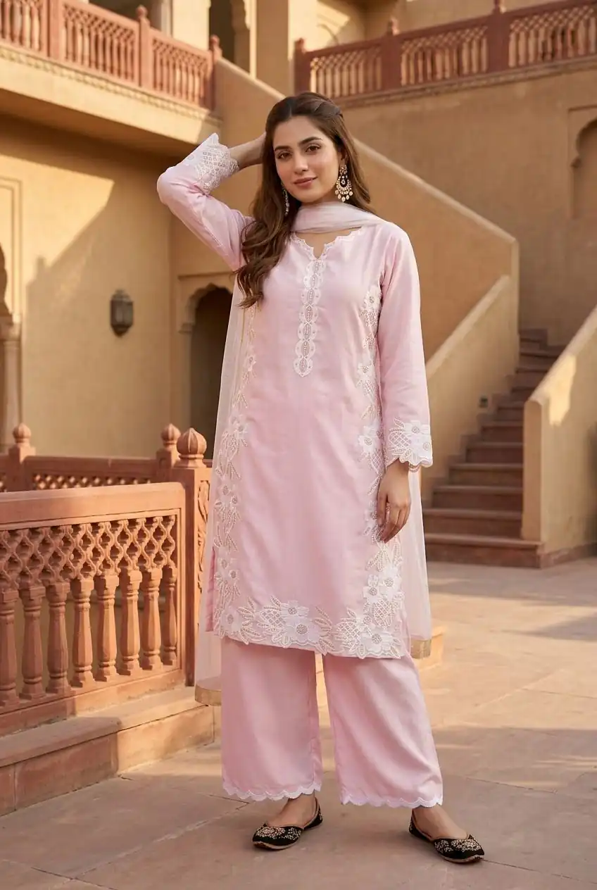 Pretty Pink Natural Silk Embroidery Work Salwar Suit - Image 3