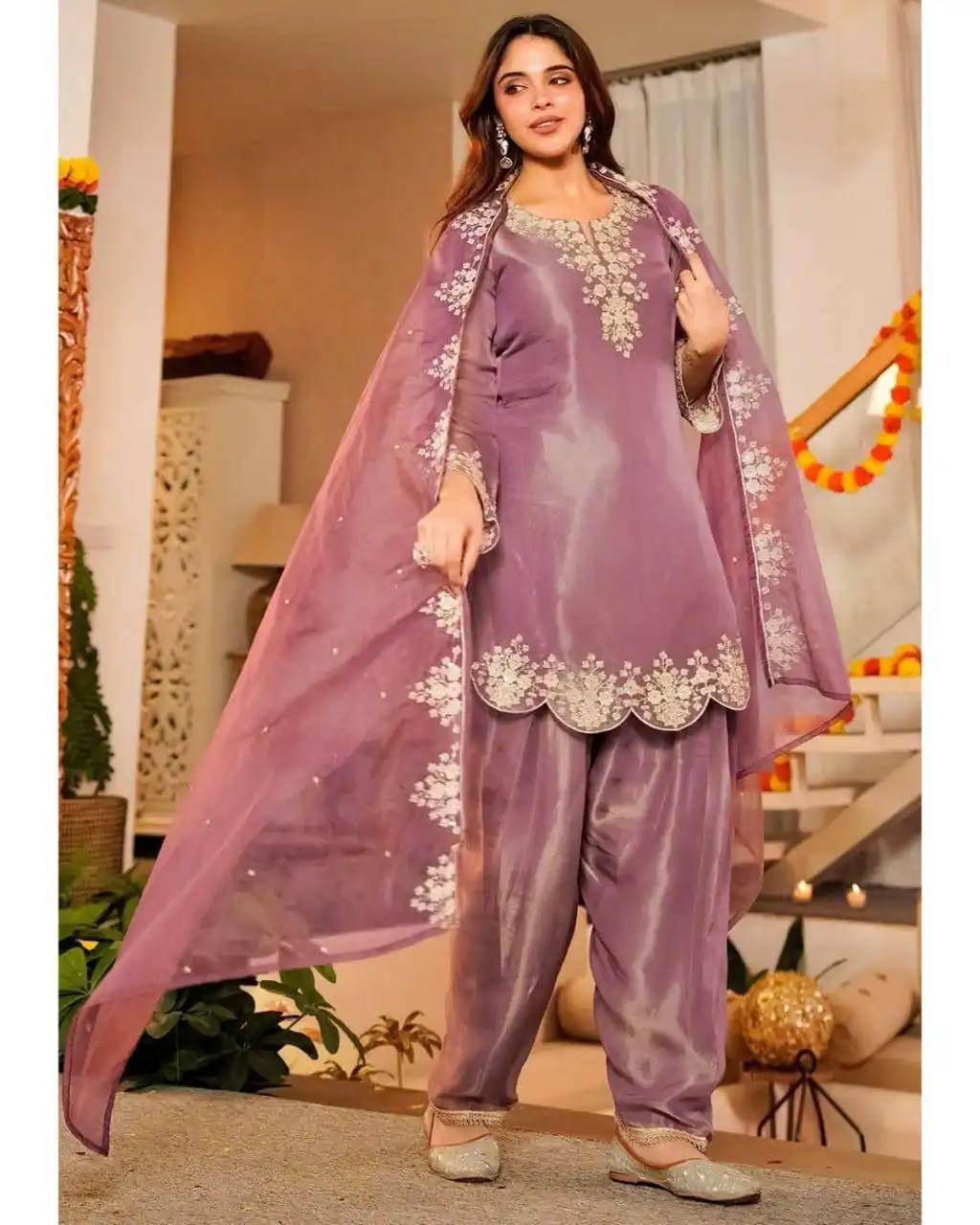 Pretty Purple Fandy Satin Embroidery Work Salwar Suit - Image 2
