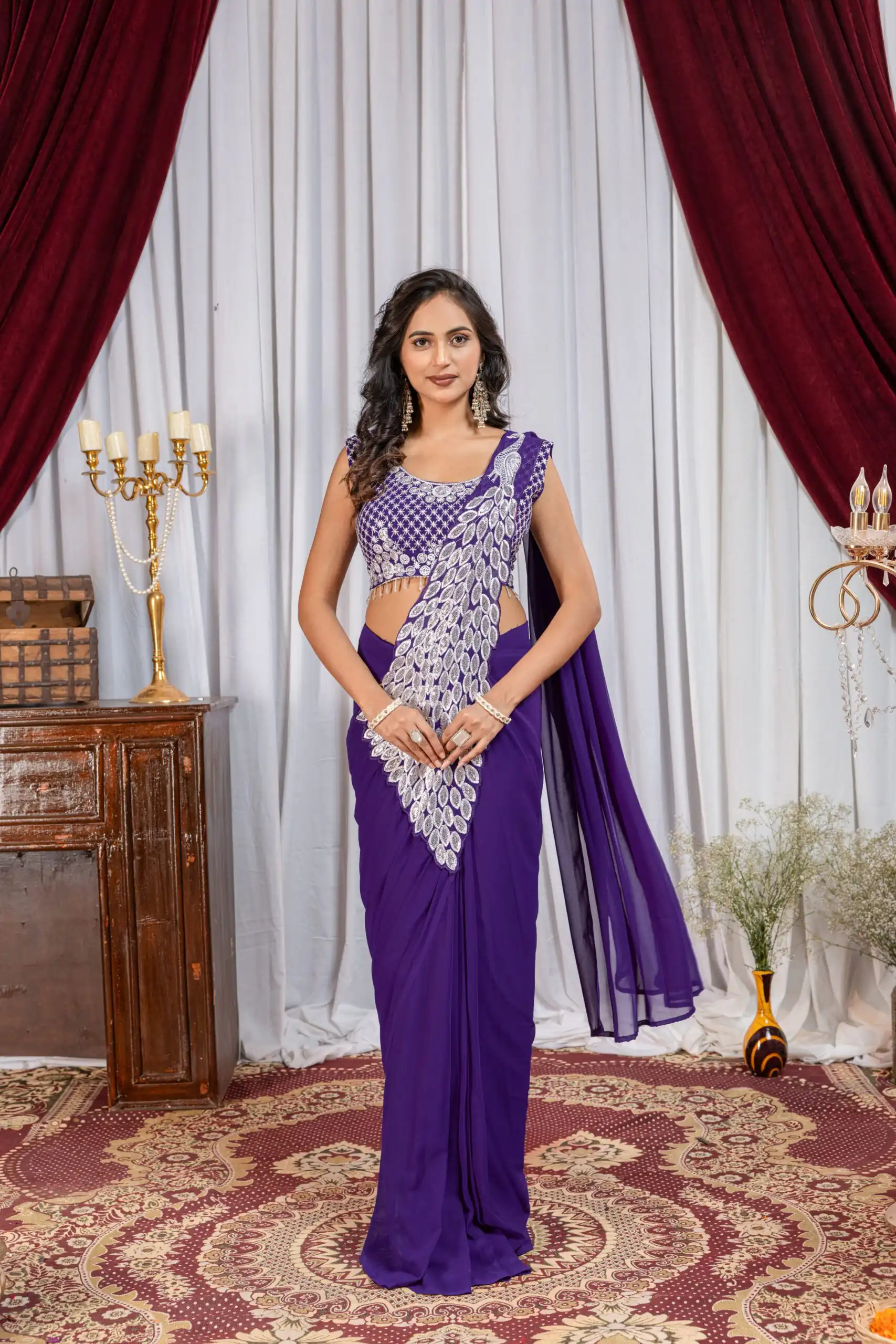Pretty Purple Faux Georgette Embroider Work Saree