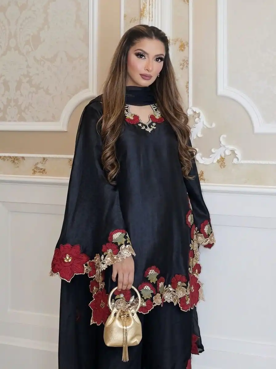 Shiny Black Roman Glass Embroidery Work Salwar Suit - Image 3