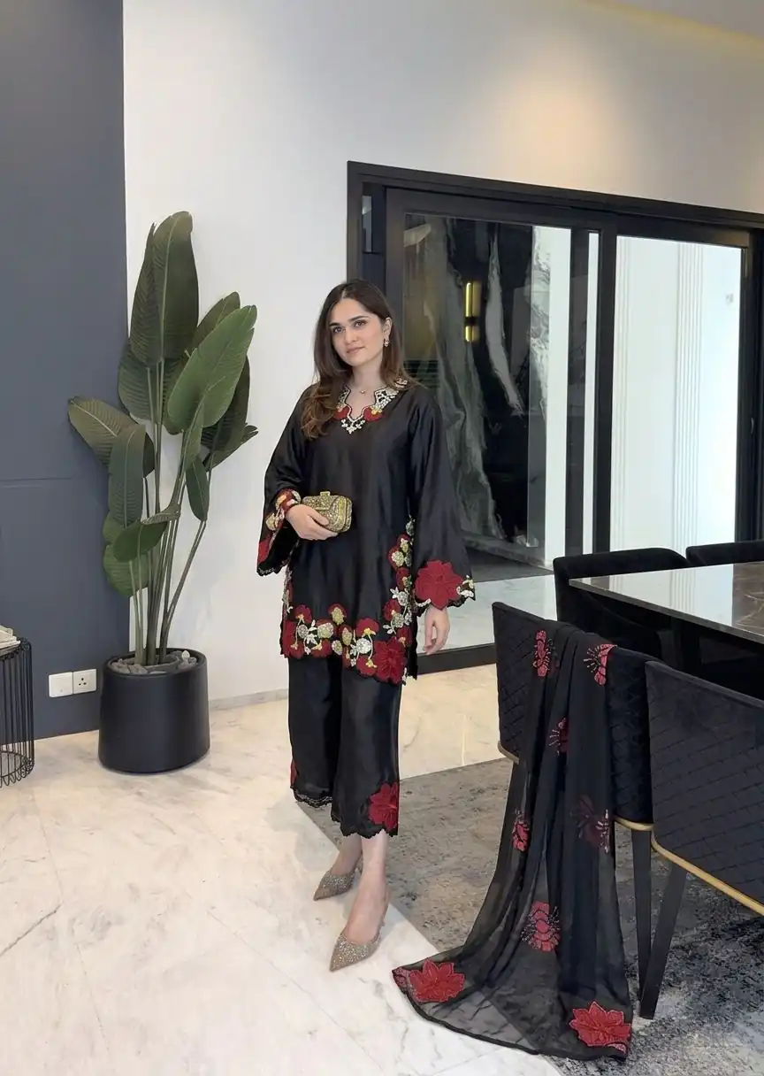 Shiny Black Roman Glass Embroidery Work Salwar Suit