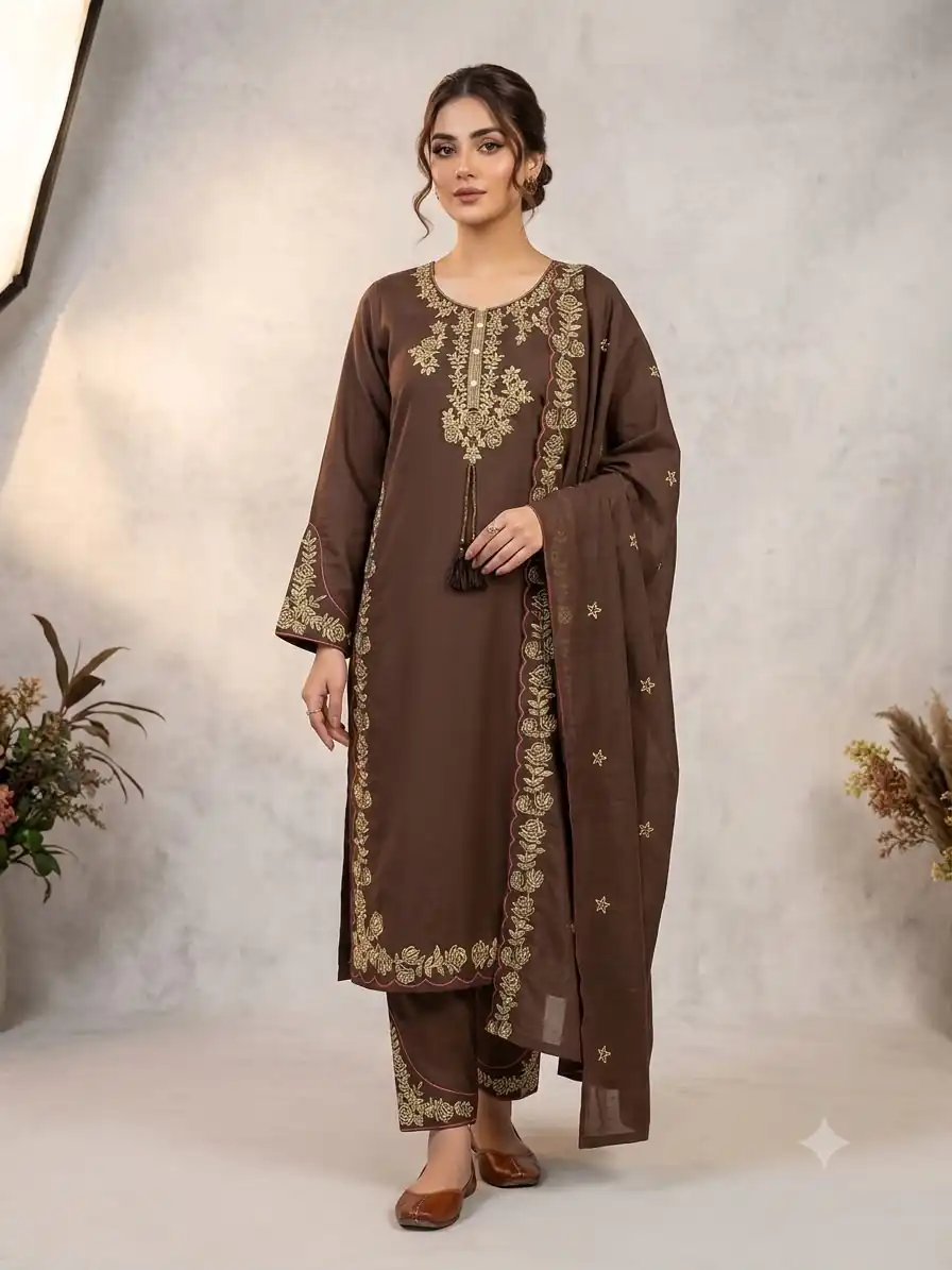 Shiny Brown Roman Silk Embroidery Work Salwar Suit