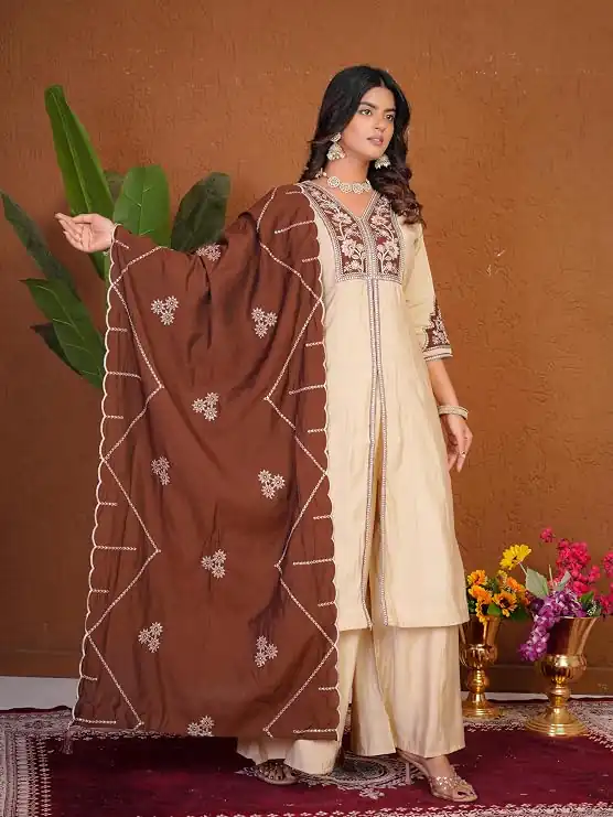 Shiny Cream Roman Silk Thread Work Salwar Suit - Image 4