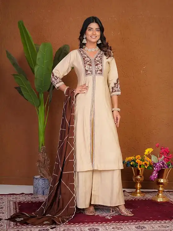 Shiny Cream Roman Silk Thread Work Salwar Suit