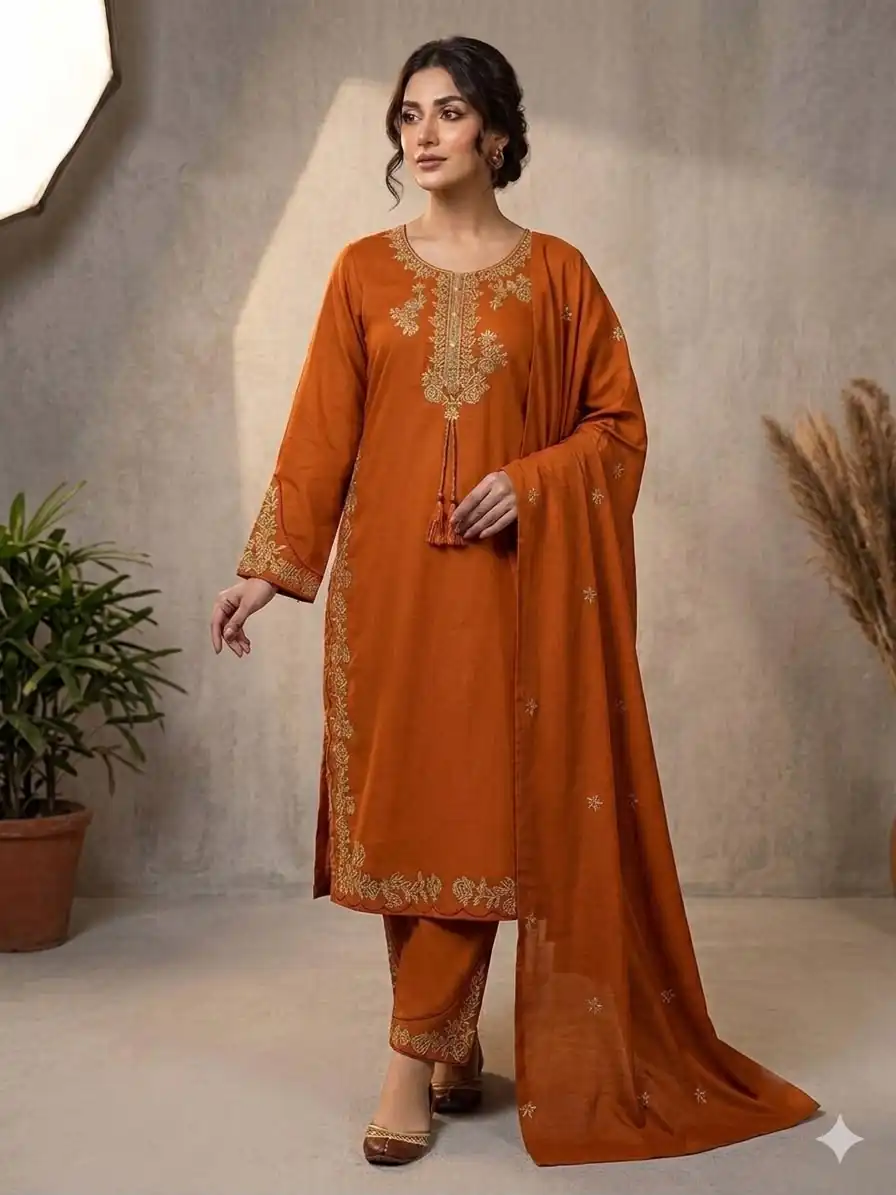 Shiny Orange Roman Silk Embroidery Work Salwar Suit