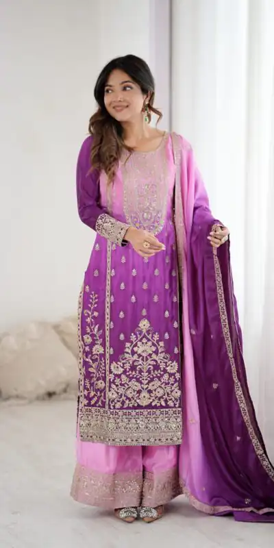 Shiny Purple Shaded Chinon Silk Embroidery Work Salwar Suit