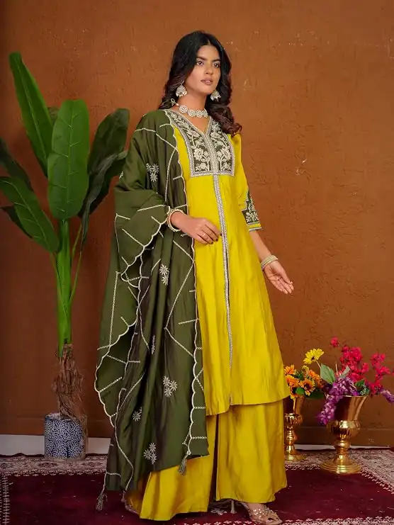Shiny Yellow Roman Silk Thread Work Salwar Suit - Image 4