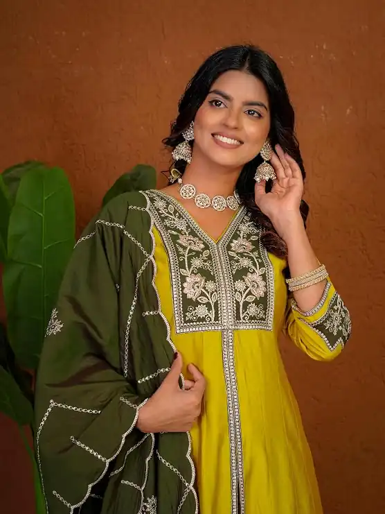 Shiny Yellow Roman Silk Thread Work Salwar Suit - Image 2