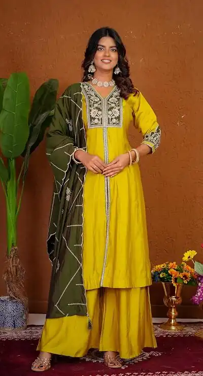 Shiny Yellow Roman Silk Thread Work Salwar Suit