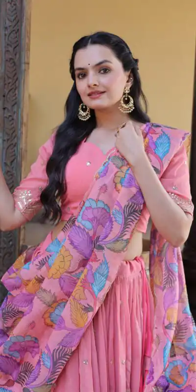 Alternative view of Solid Peach Cosmos Silk Zari Embroidery Work Lehenga Choli