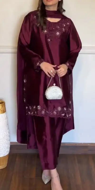 Alternative view of Solid Wine American Silk Sequence Work Salwar Suit
