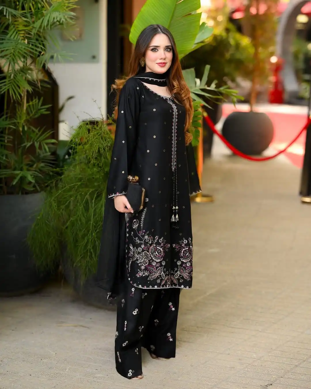 Special Black Satin Glass Embroidery Thread Work Salwar Suit - Image 4