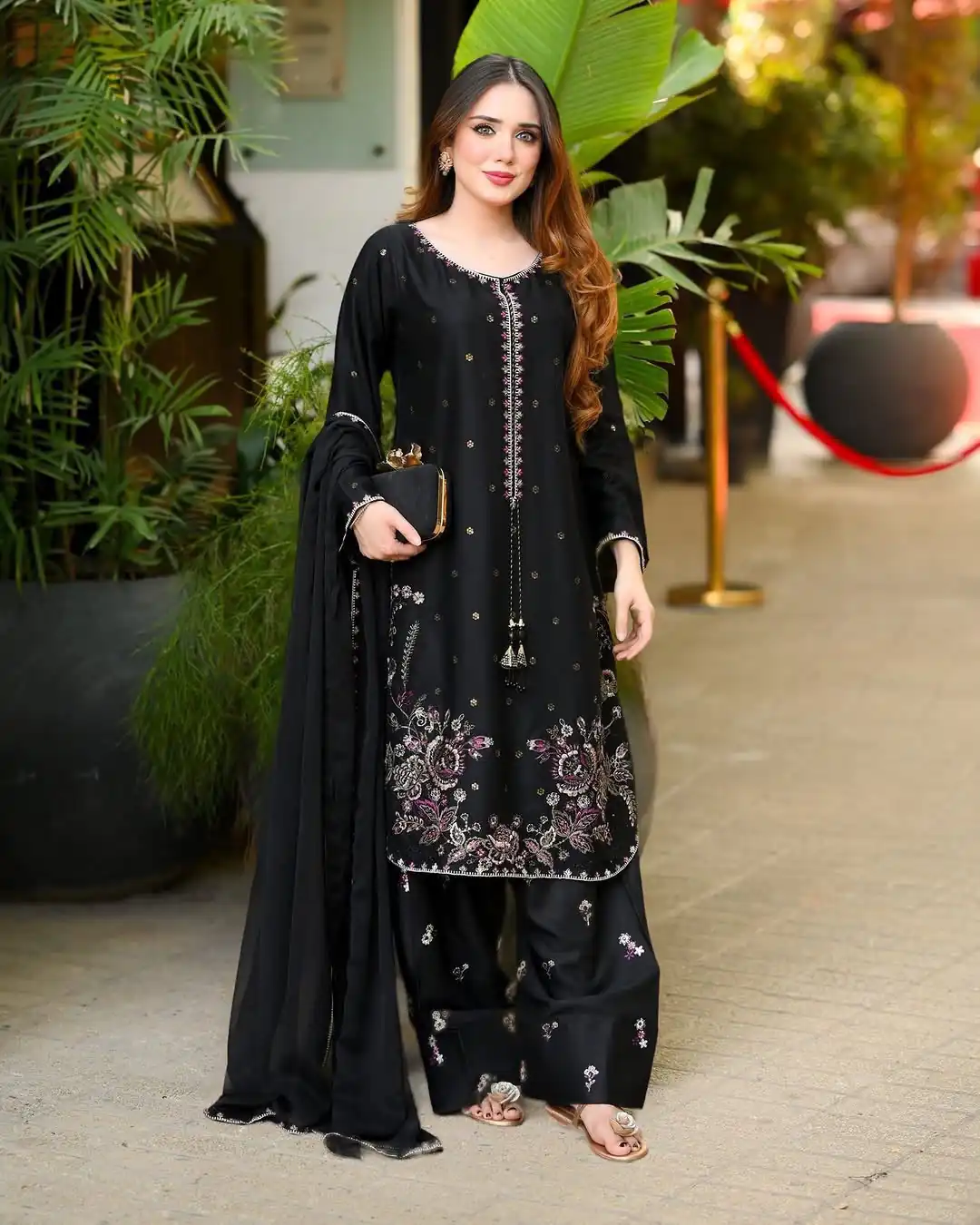 Special Black Satin Glass Embroidery Thread Work Salwar Suit - Image 2