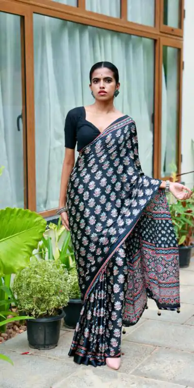 Alternative view of Stunning Black Soft Satin Crap Real Mirror Work Saree