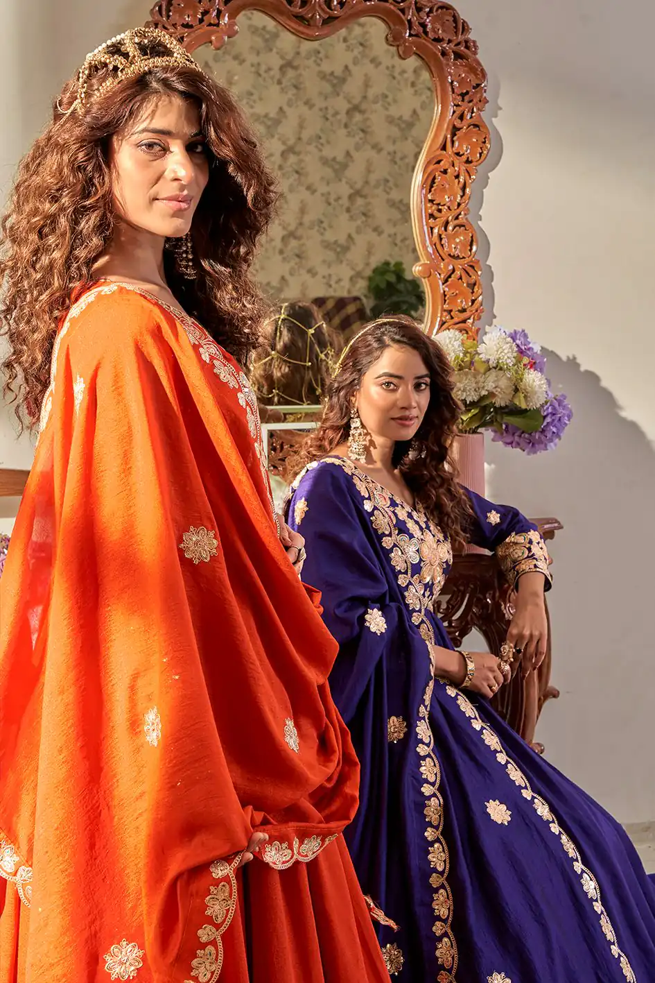 Stunning Orange Vichitra Embroider Work Gown - Image 4
