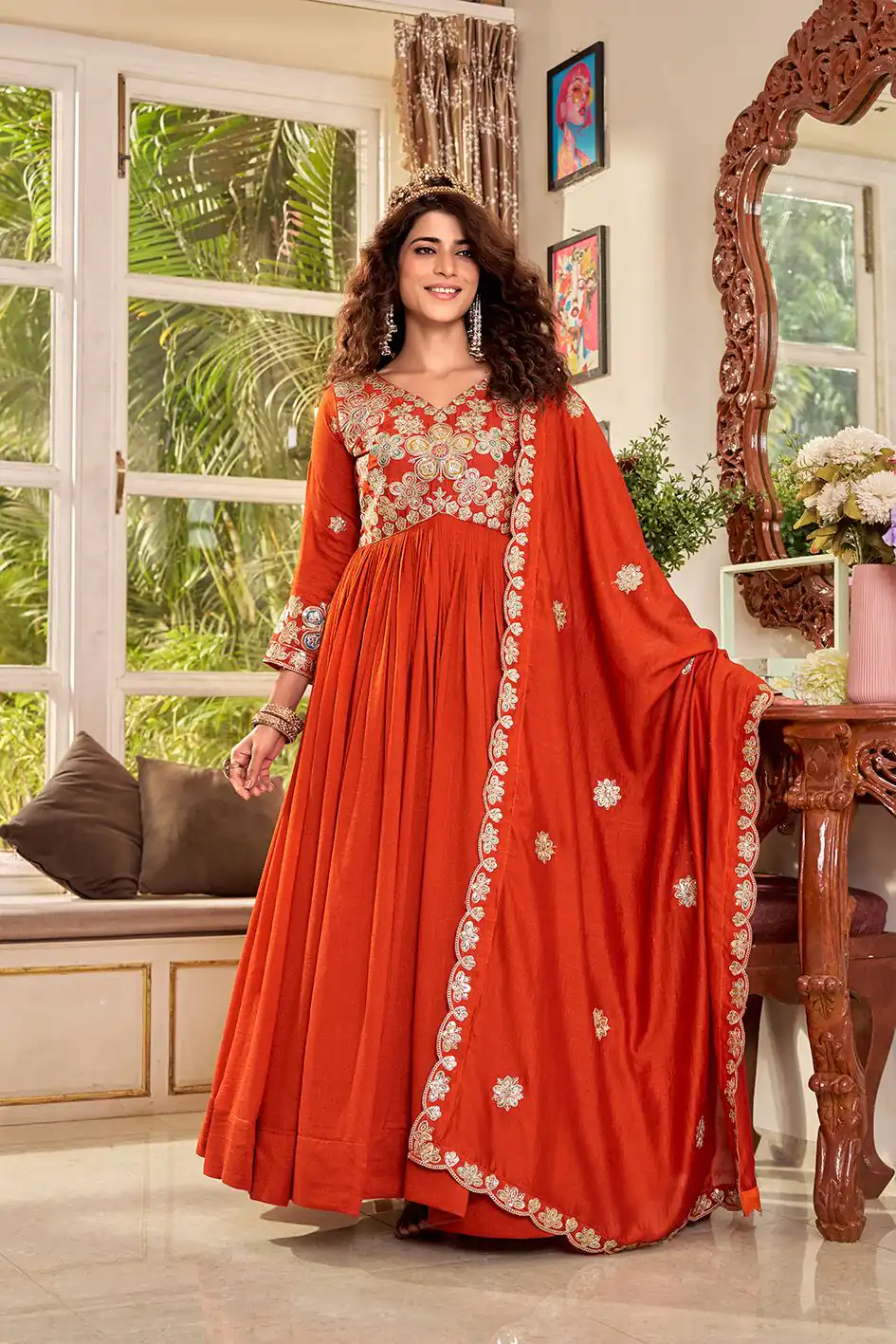 Stunning Orange Vichitra Embroider Work Gown
