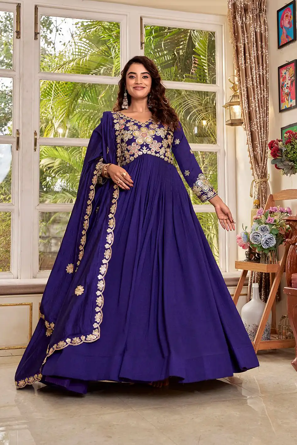 Stunning Purple Vichitra Embroider Work Gown - Image 2