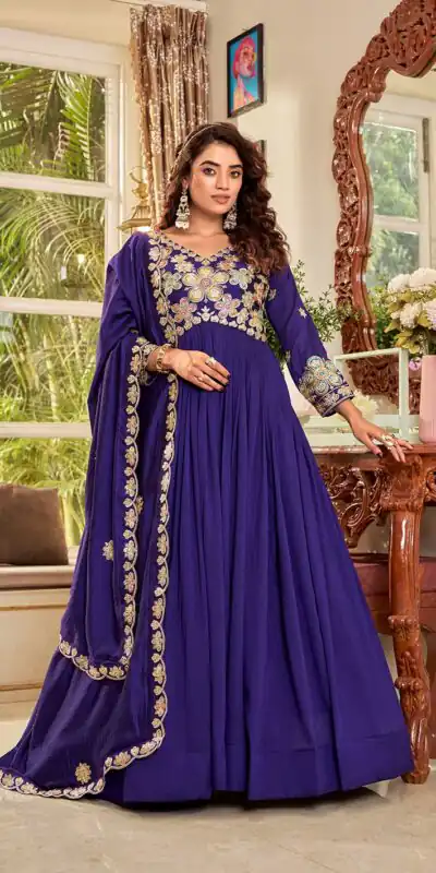 Stunning Purple Vichitra Embroider Work Gown