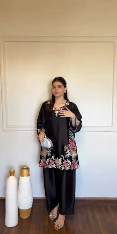 Stylist Black Rayon Satin Thread Work Salwar Suit
