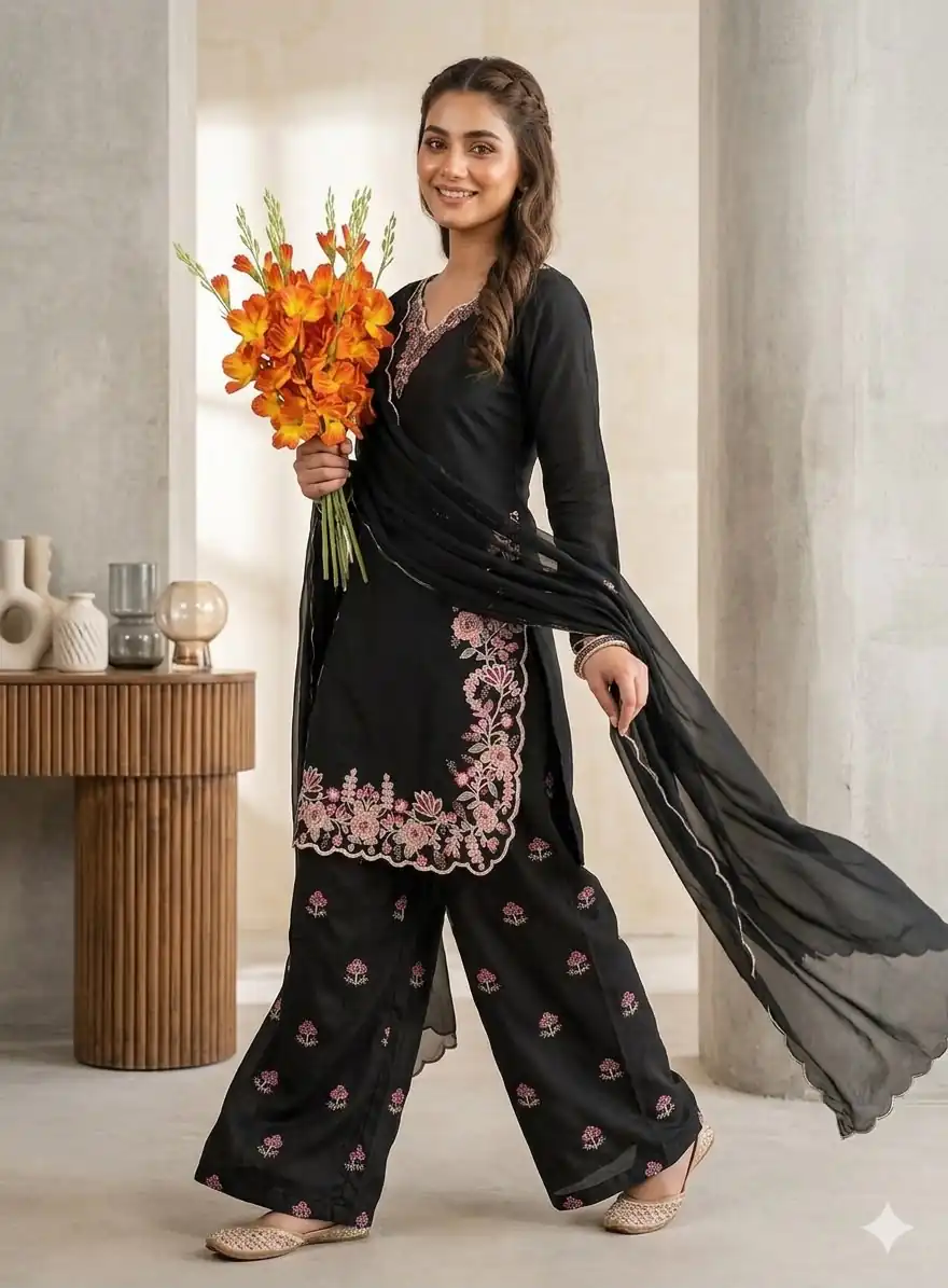 Super Black French Crape Embroidery Work Salwar Suit - Image 3