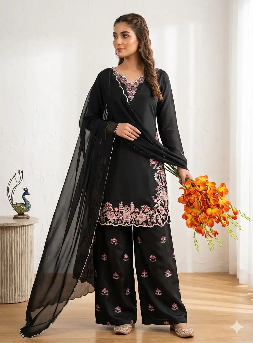 Super Black French Crape Embroidery Work Salwar Suit - Image 2