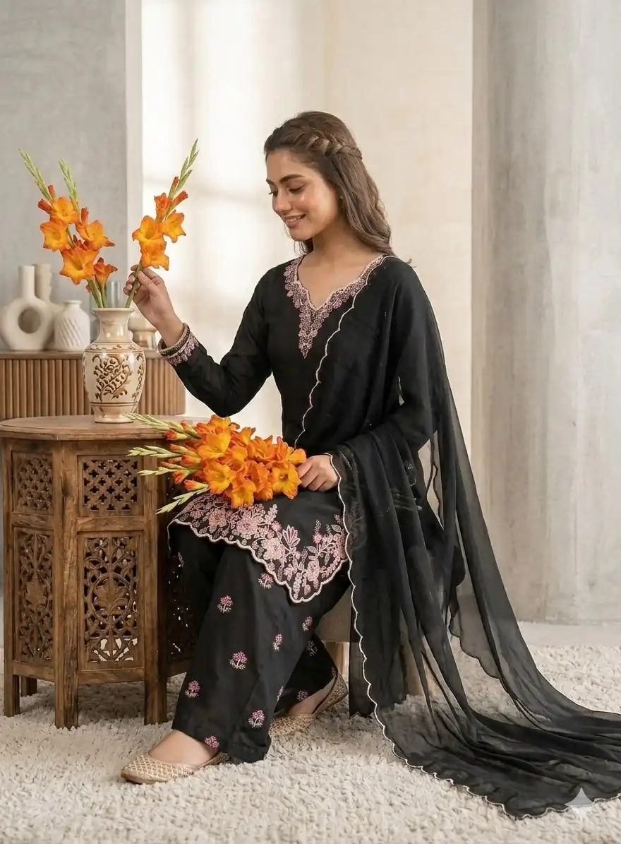 Super Black French Crape Embroidery Work Salwar Suit