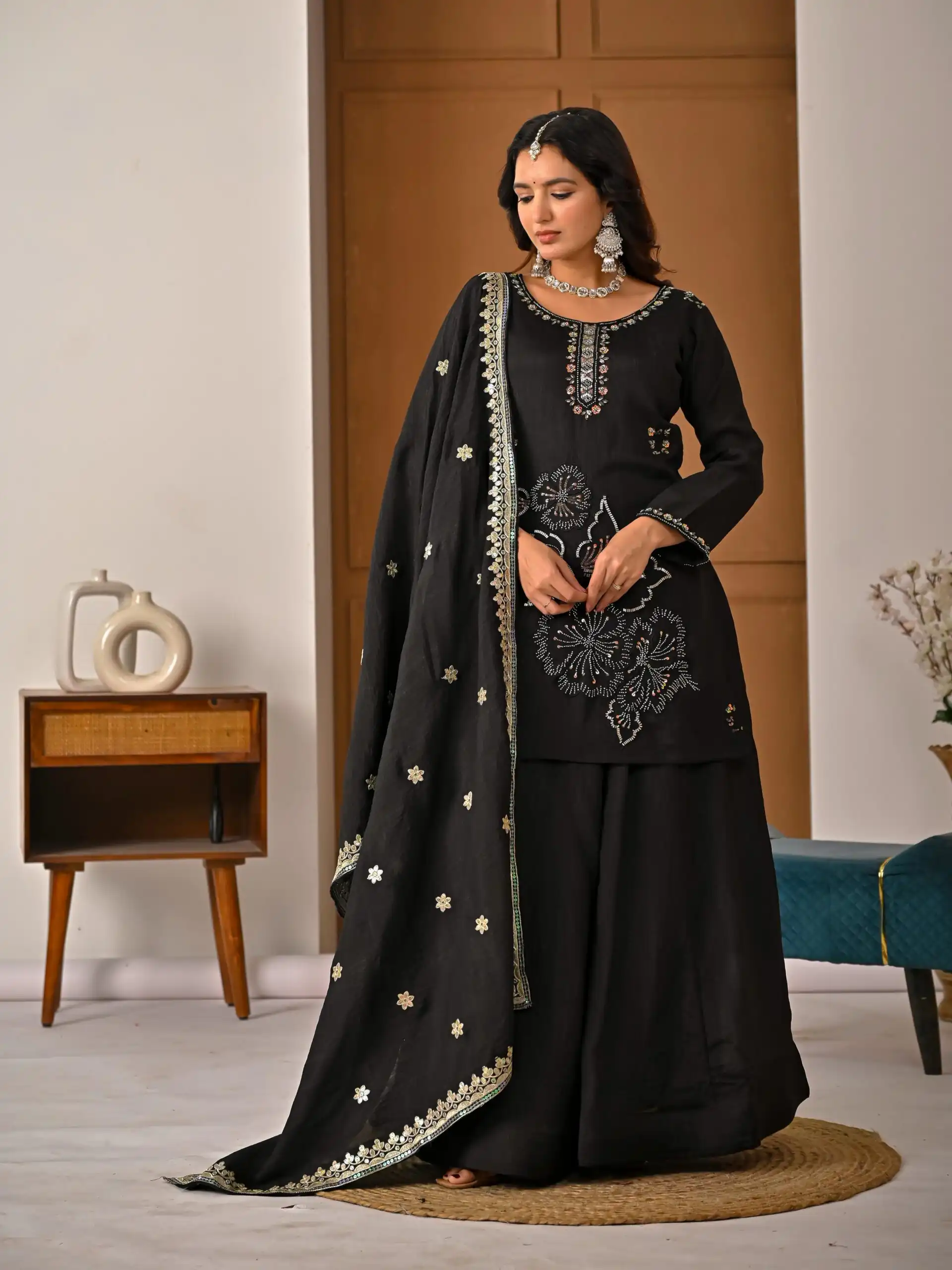 Super Black Vichitra Silk Embroidery Hand Work Salwar Suit - Image 7