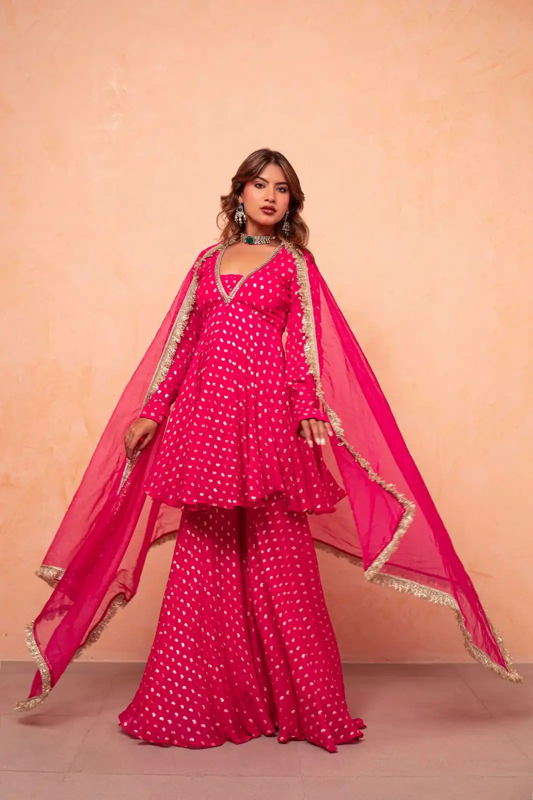 Super Pink Chanderi Jacquard Mirror Work Salwar Suit Suit - Image 4