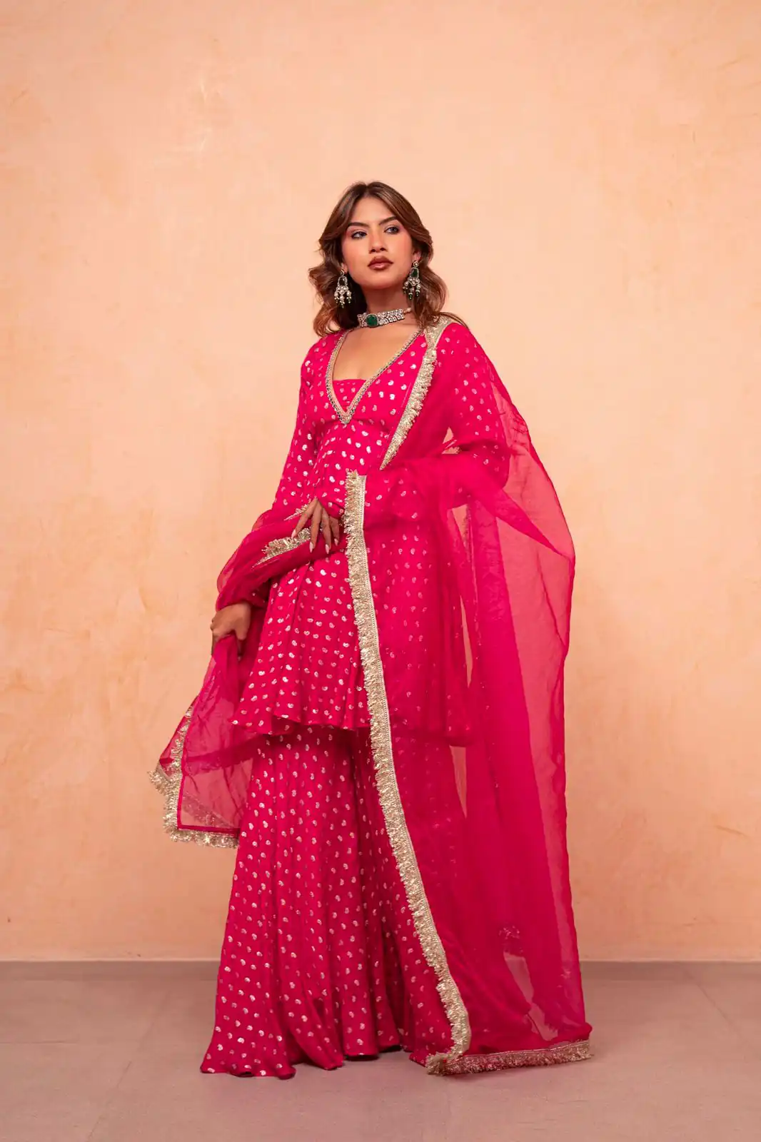 Super Pink Chanderi Jacquard Mirror Work Salwar Suit Suit - Image 3